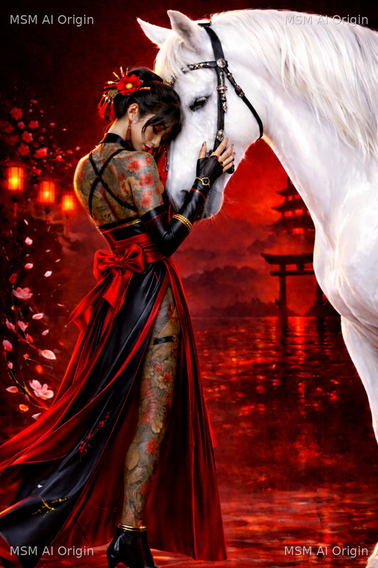 Blossoms and the White Stallion – Digital Art Print | Instant Download