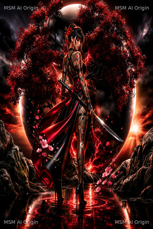 Crimson Eclipse Guardian – Digital Art Print | Instant Download