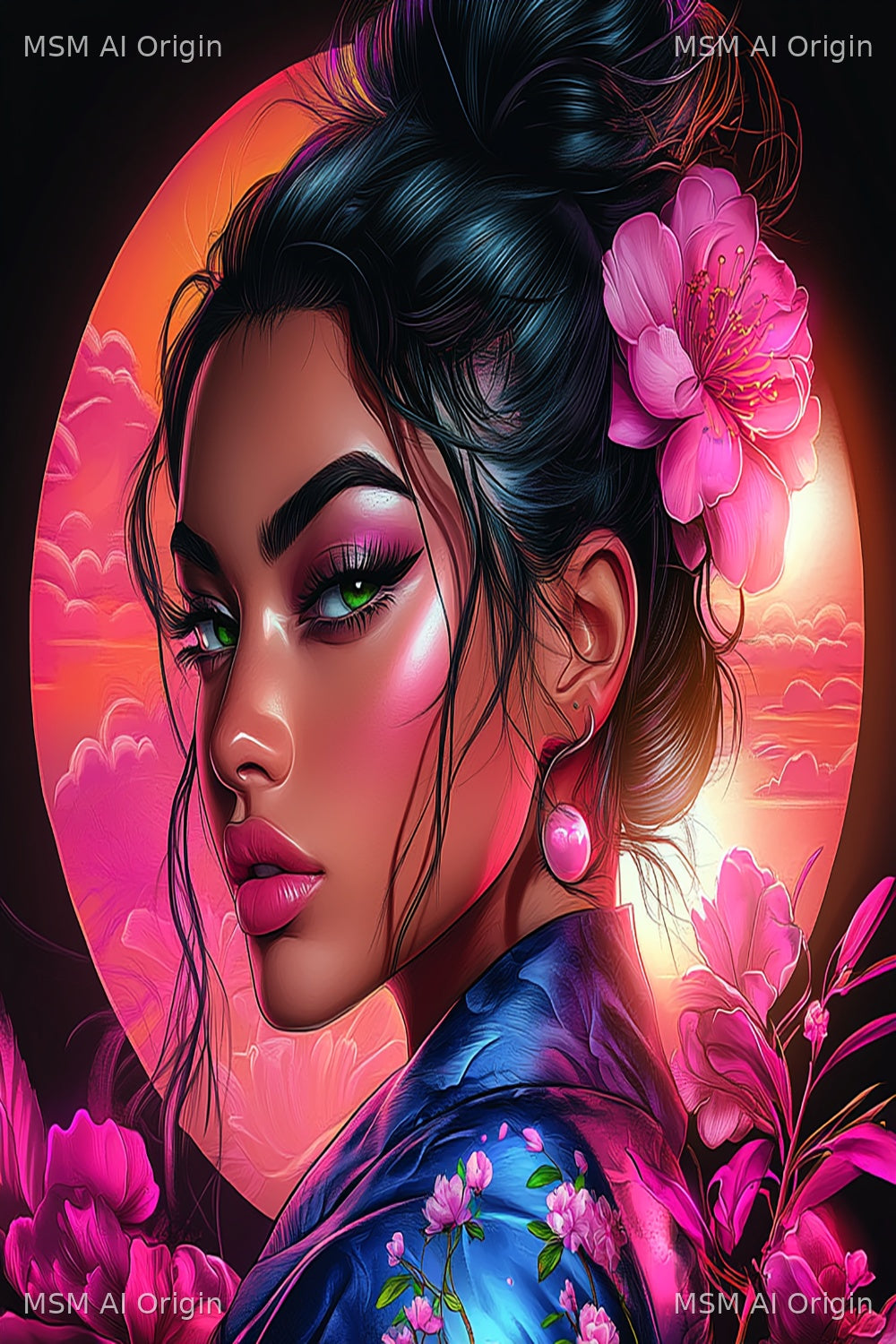 Neon Blossom Eclipse – Digital Art Print | Instant Download