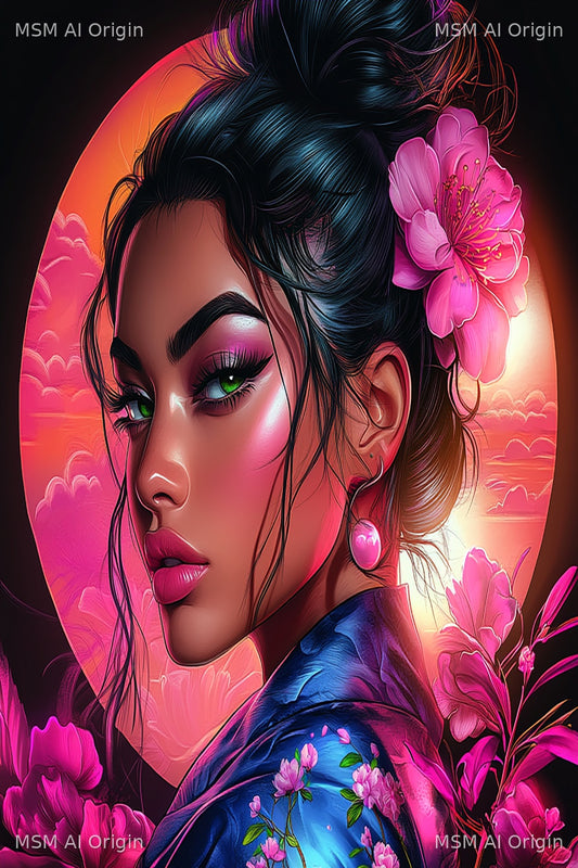 Neon Blossom Eclipse – Digital Art Print | Instant Download