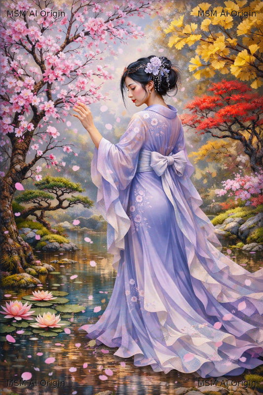 Soft Steps in Falling Petals – Digital Art Print | Instant Download