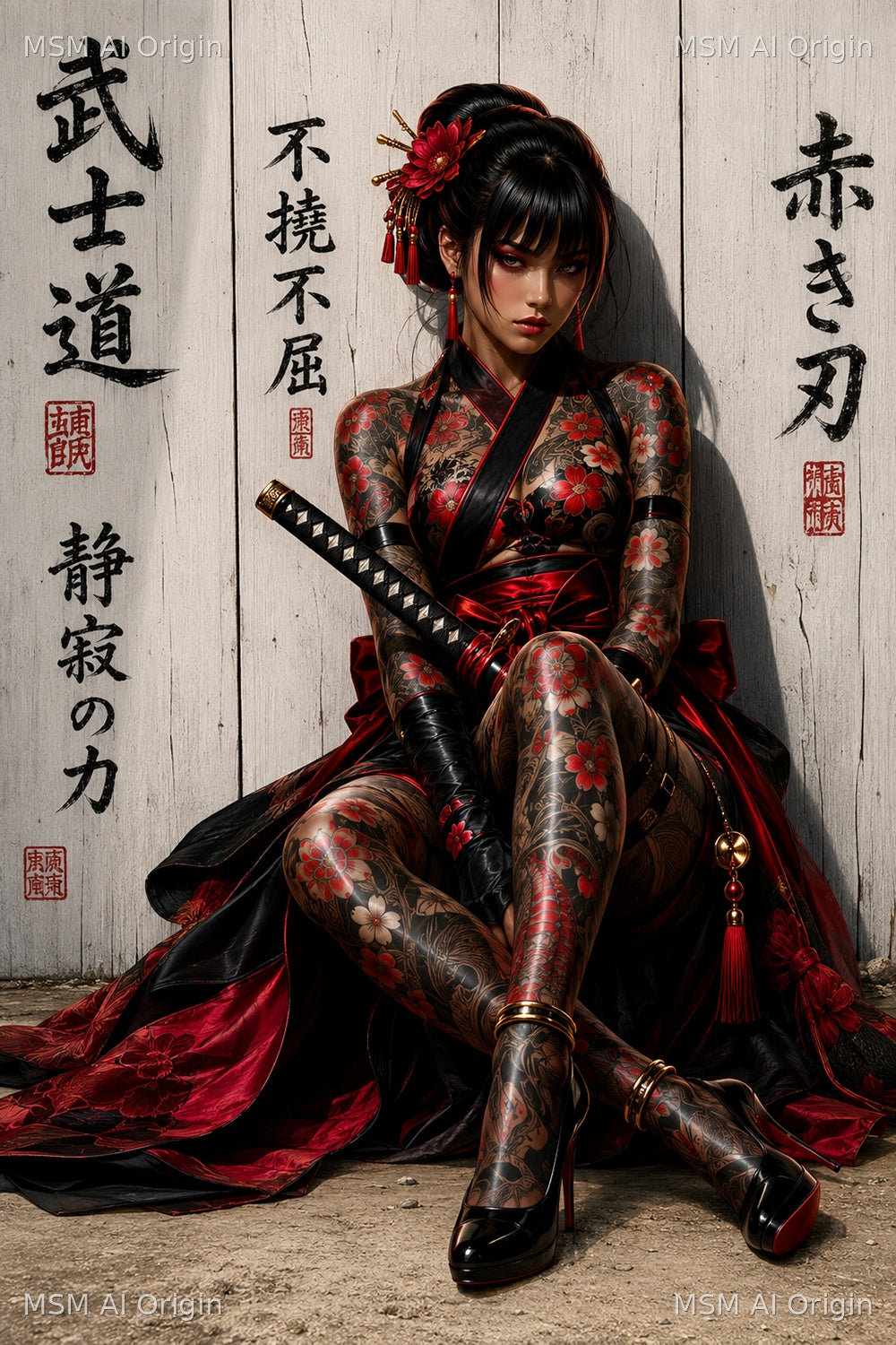 Warrior Elegance and Inked Strength – Digital Art Print | Instant Download